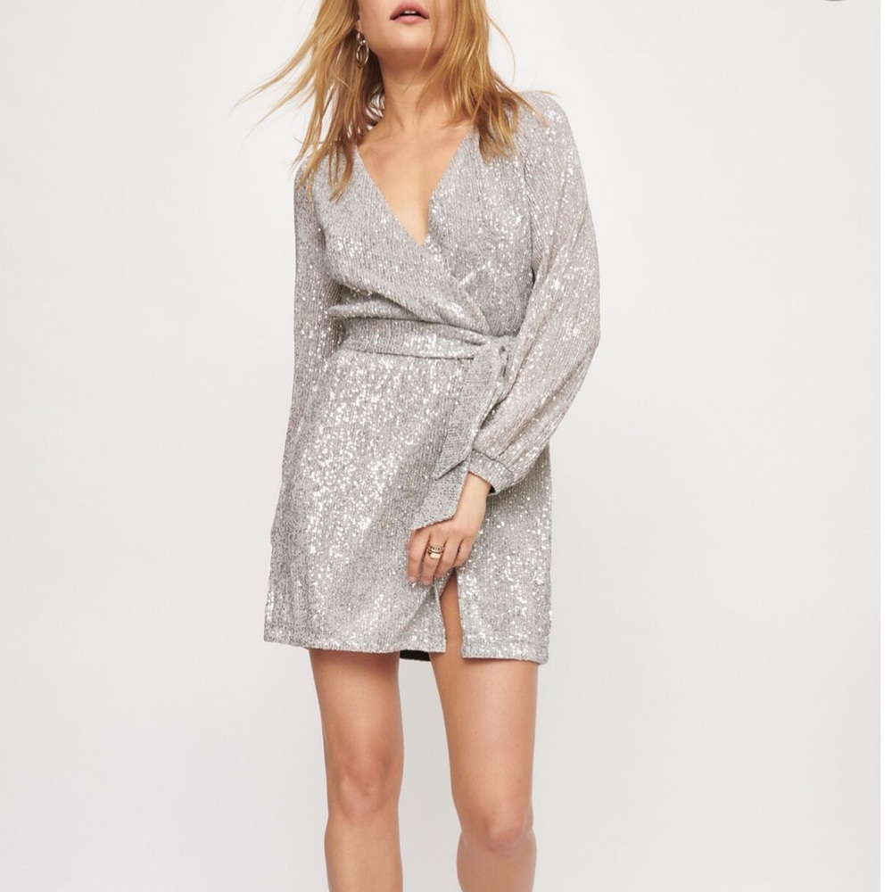 DYNAMITE Sequin Wrap Dress in Silver